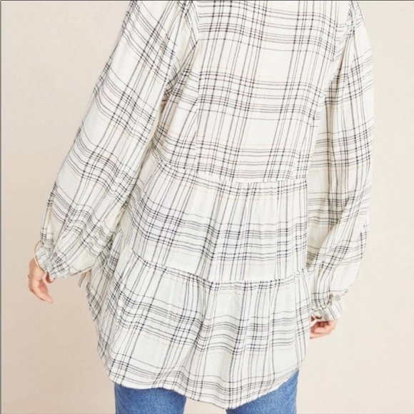 Anthro Darlene Metallic Floral Plaid Peasant Split Neck Linen Blend Tunic NWOT - Picture 4 of 14